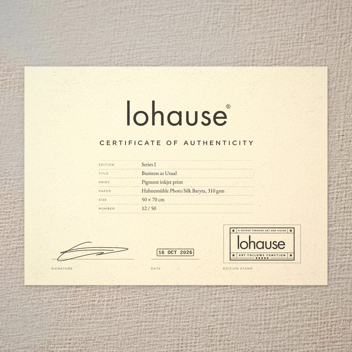 Certificate of authenticity for Business as Usual, Series I