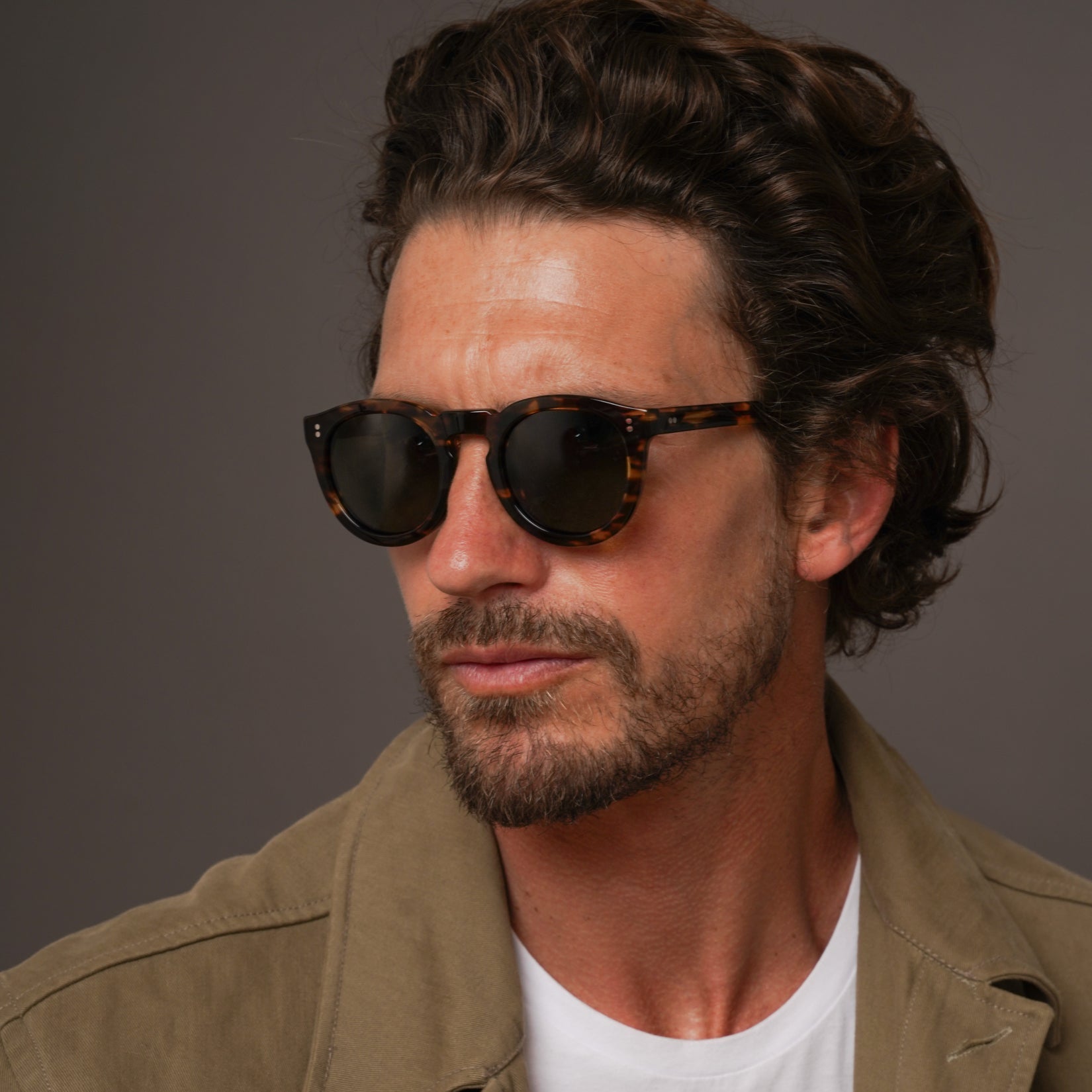 The Allen Havana Sunglasses, Mazzucchelli 1849 acetate frame, round shape, in Havana (light tortoise).