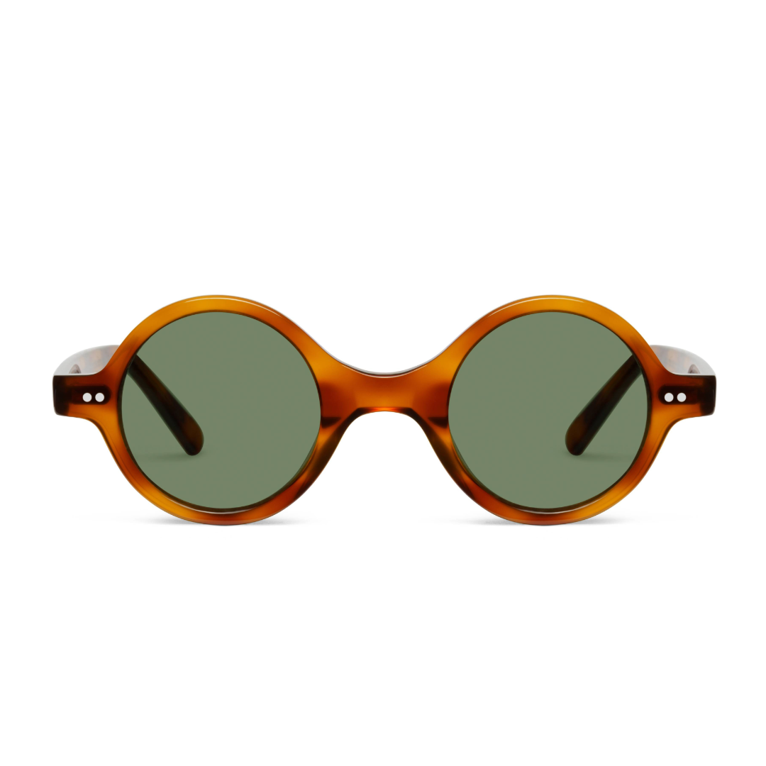 The Corbusier Scotch Sunglasses, Mazzucchelli 1849 acetate frame, round shape, in whisky amber.