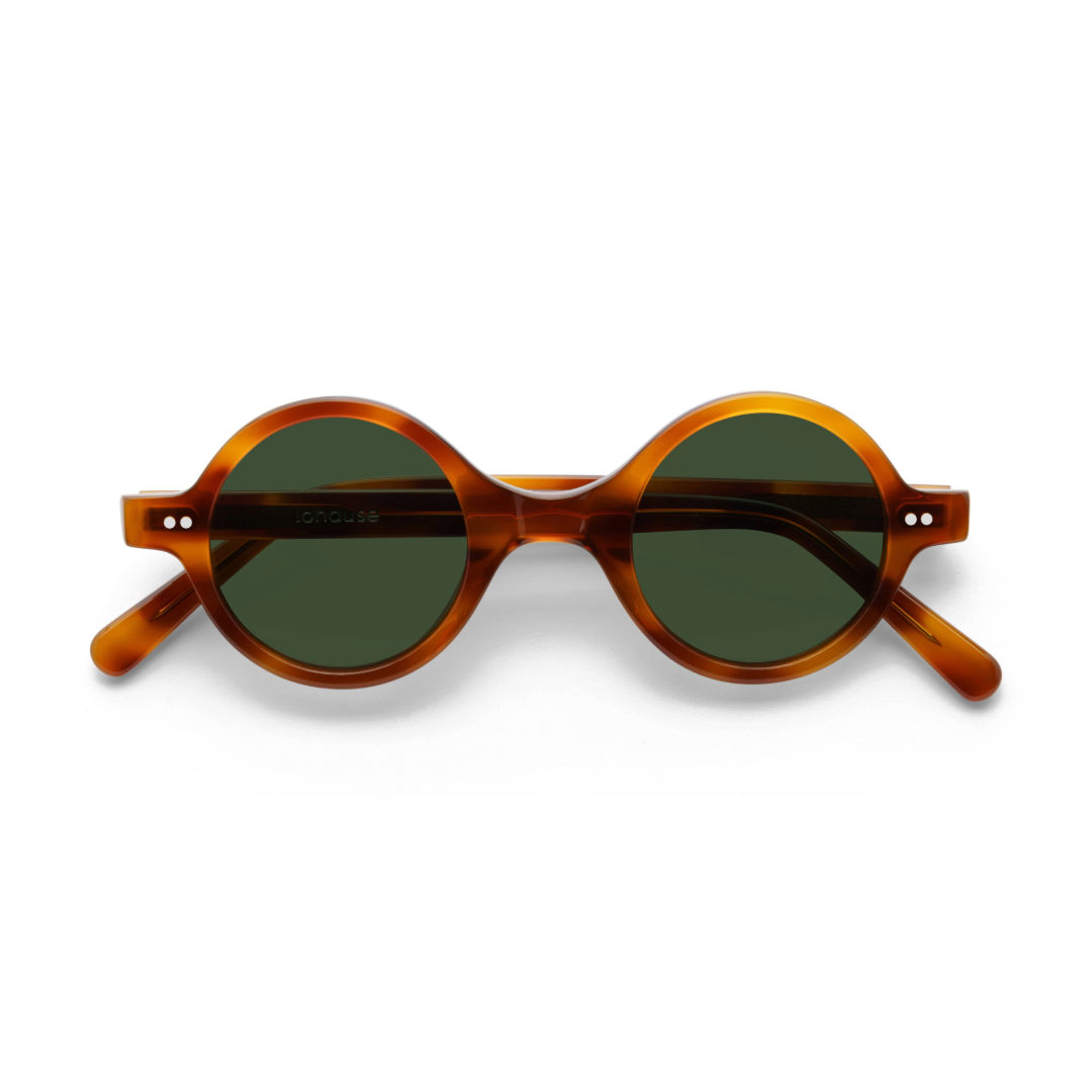 The Corbusier Scotch Sunglasses, Mazzucchelli 1849 acetate frame, round shape, in whisky amber.