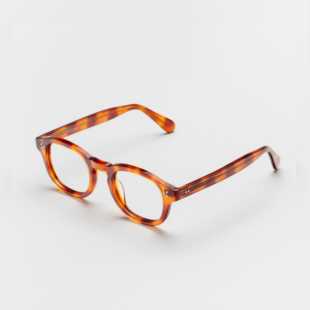 The Evans Scotch — eyeglasses, Mazzucchelli 1849 acetate frame, round shape, in whisky amber.