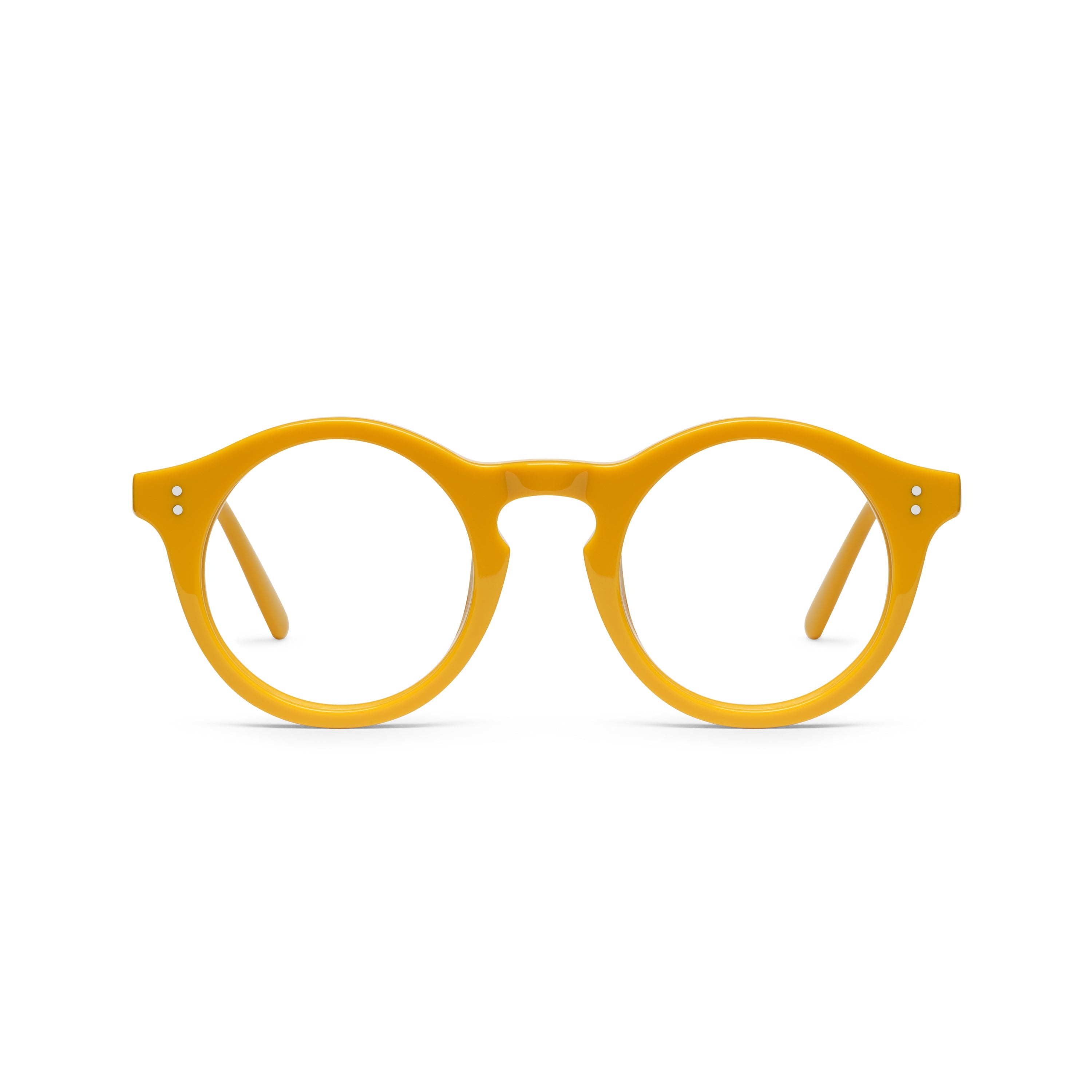 The Spike Amberfort — eyeglasses, Mazzucchelli 1849 acetate frame, round shape, in deep amber.