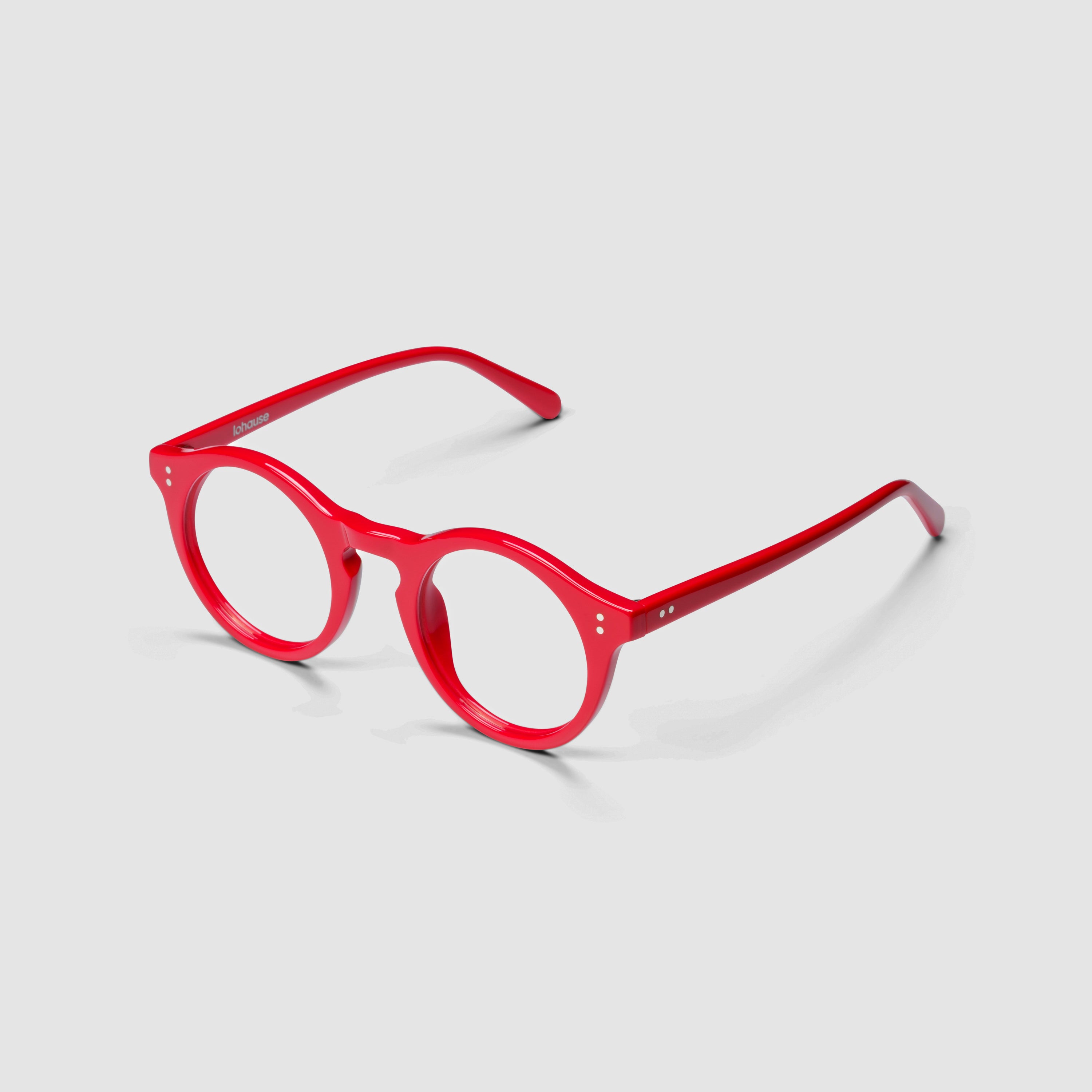 The Spike Carmine — eyeglasses, Mazzucchelli 1849 acetate frame, round shape, in carmine.