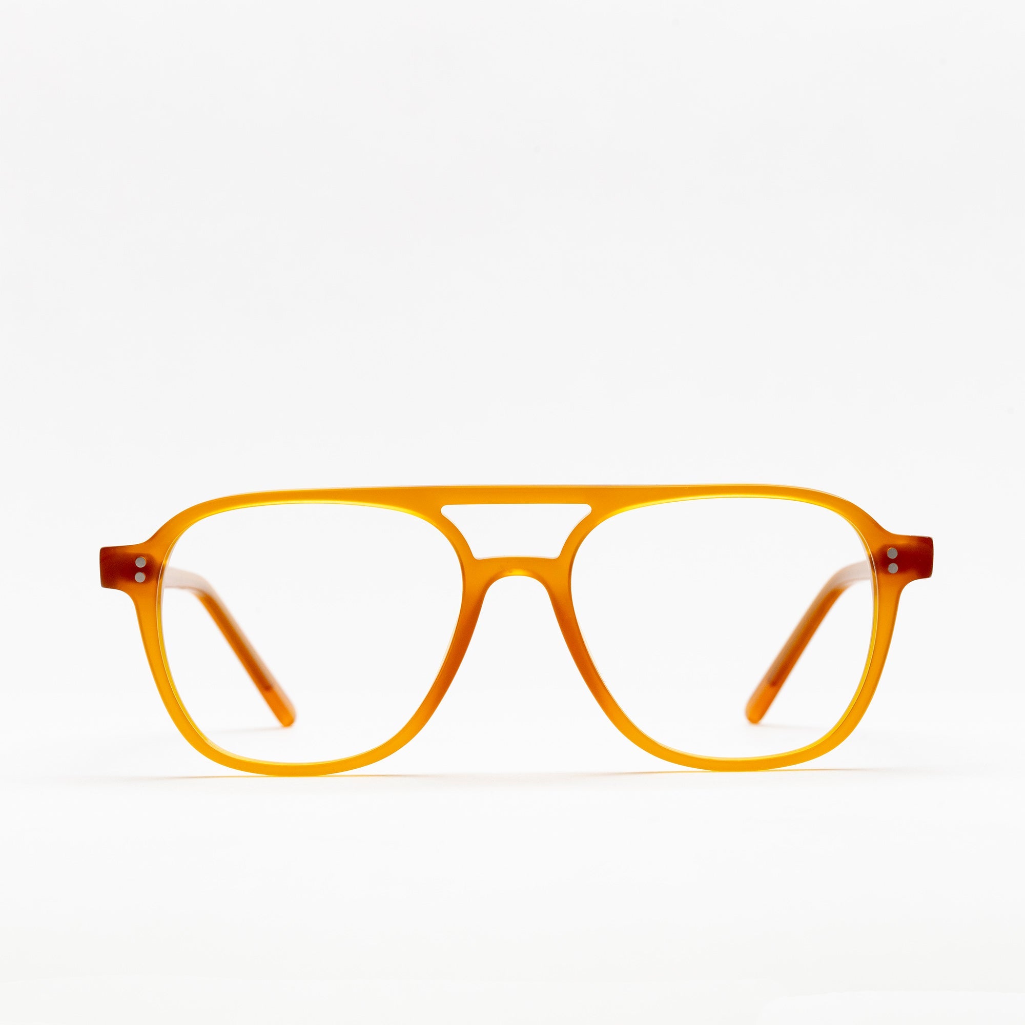 The Truman Amber — eyeglasses, Mazzucchelli 1849 acetate frame, aviator shape, in amber.