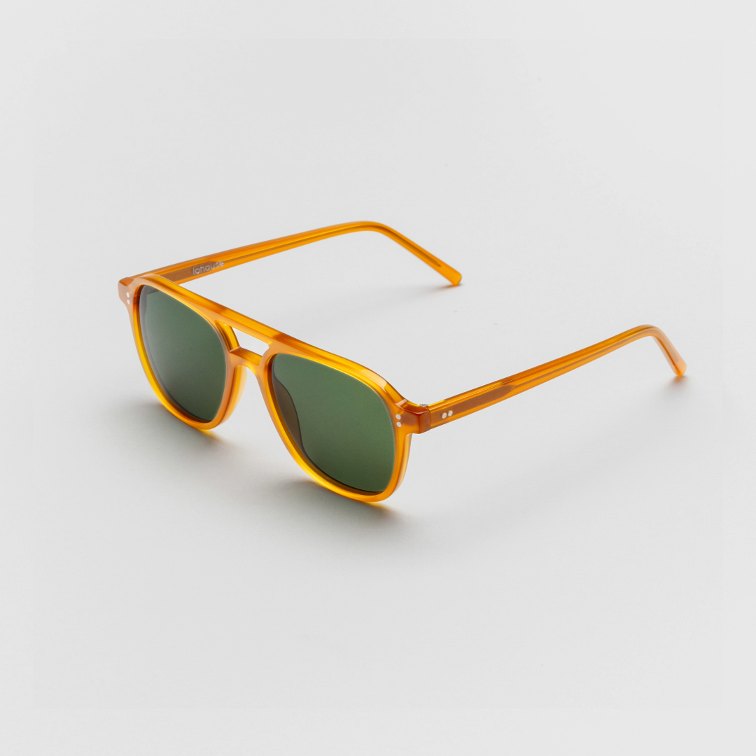 The Truman Amber Sunglasses, Mazzucchelli 1849 acetate frame, aviator shape, in amber.