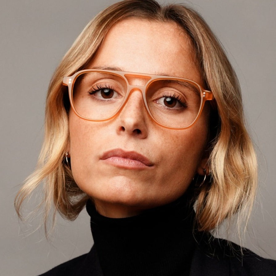 The Truman Amber — eyeglasses, Mazzucchelli 1849 acetate frame, aviator shape, in amber.