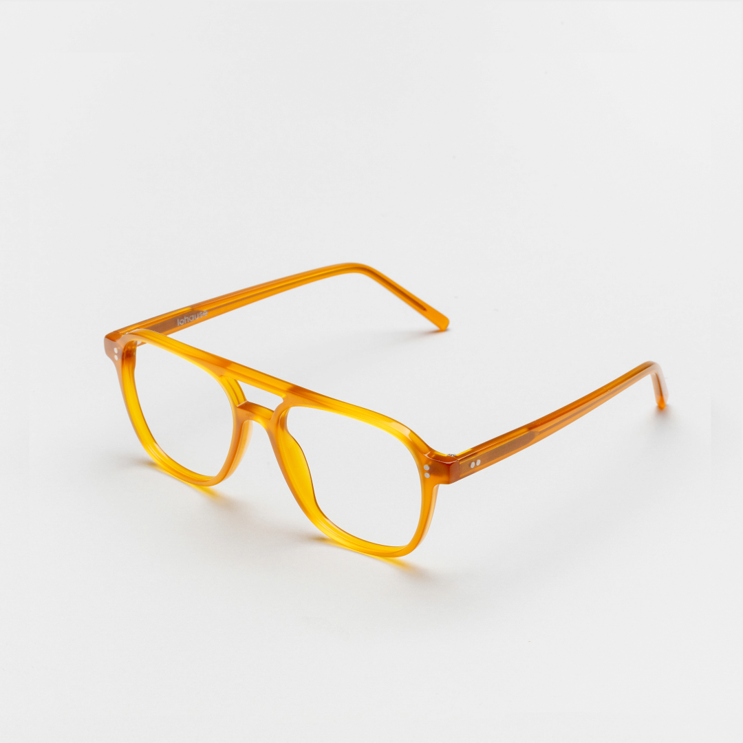 The Truman Amber — eyeglasses, Mazzucchelli 1849 acetate frame, aviator shape, in amber.