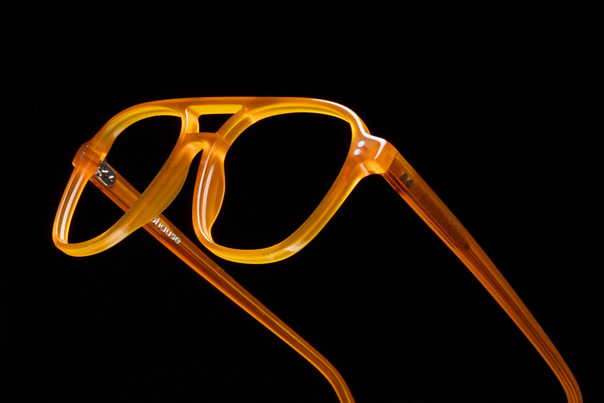 The Truman Amber — eyeglasses, Mazzucchelli 1849 acetate frame, aviator shape, in amber.