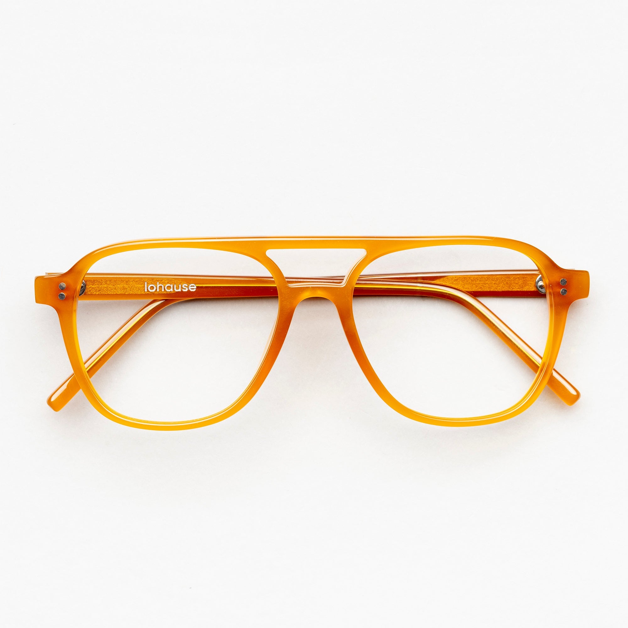 The Truman Amber — eyeglasses, Mazzucchelli 1849 acetate frame, aviator shape, in amber.