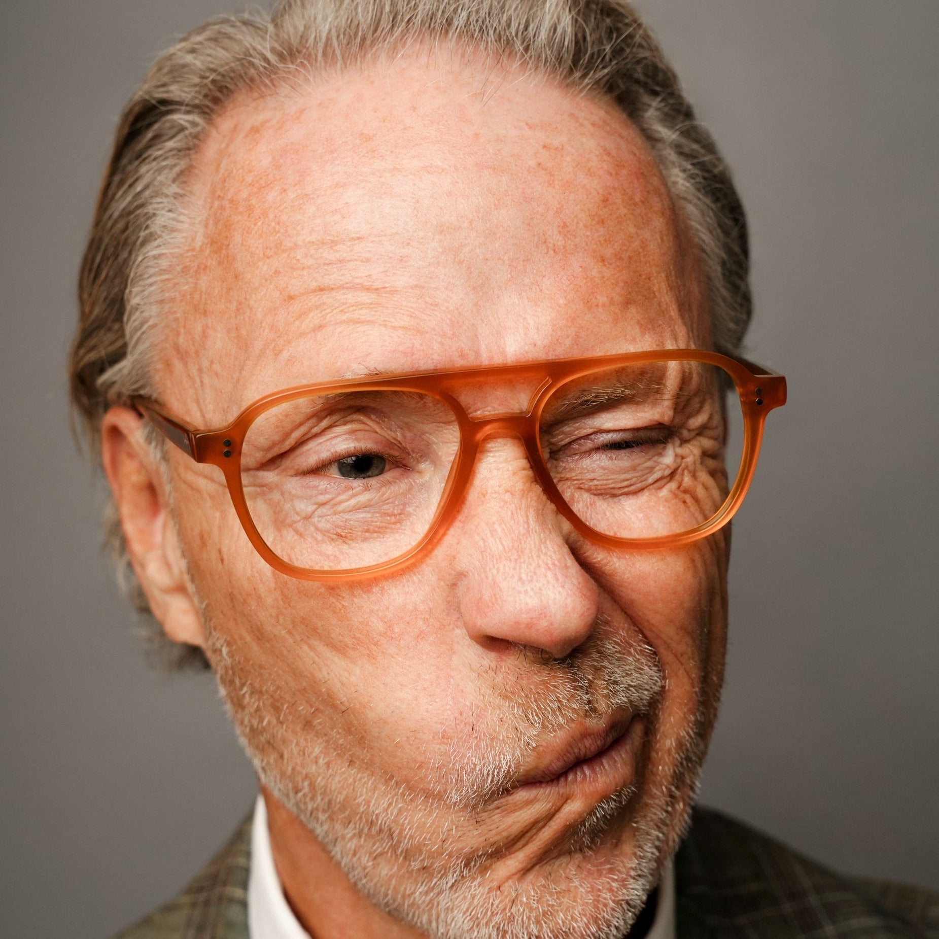 The Truman Amber — eyeglasses, Mazzucchelli 1849 acetate frame, aviator shape, in amber.