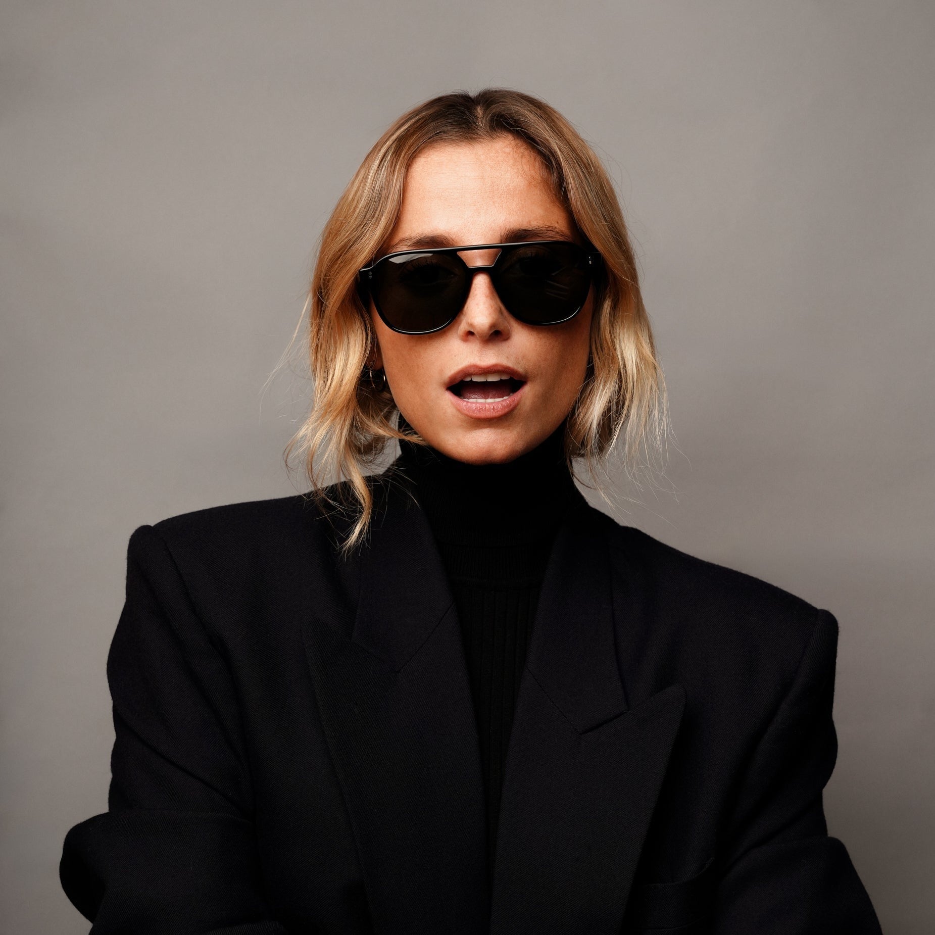 The Truman Noir Sunglasses, Mazzucchelli 1849 acetate frame, aviator shape, in black.