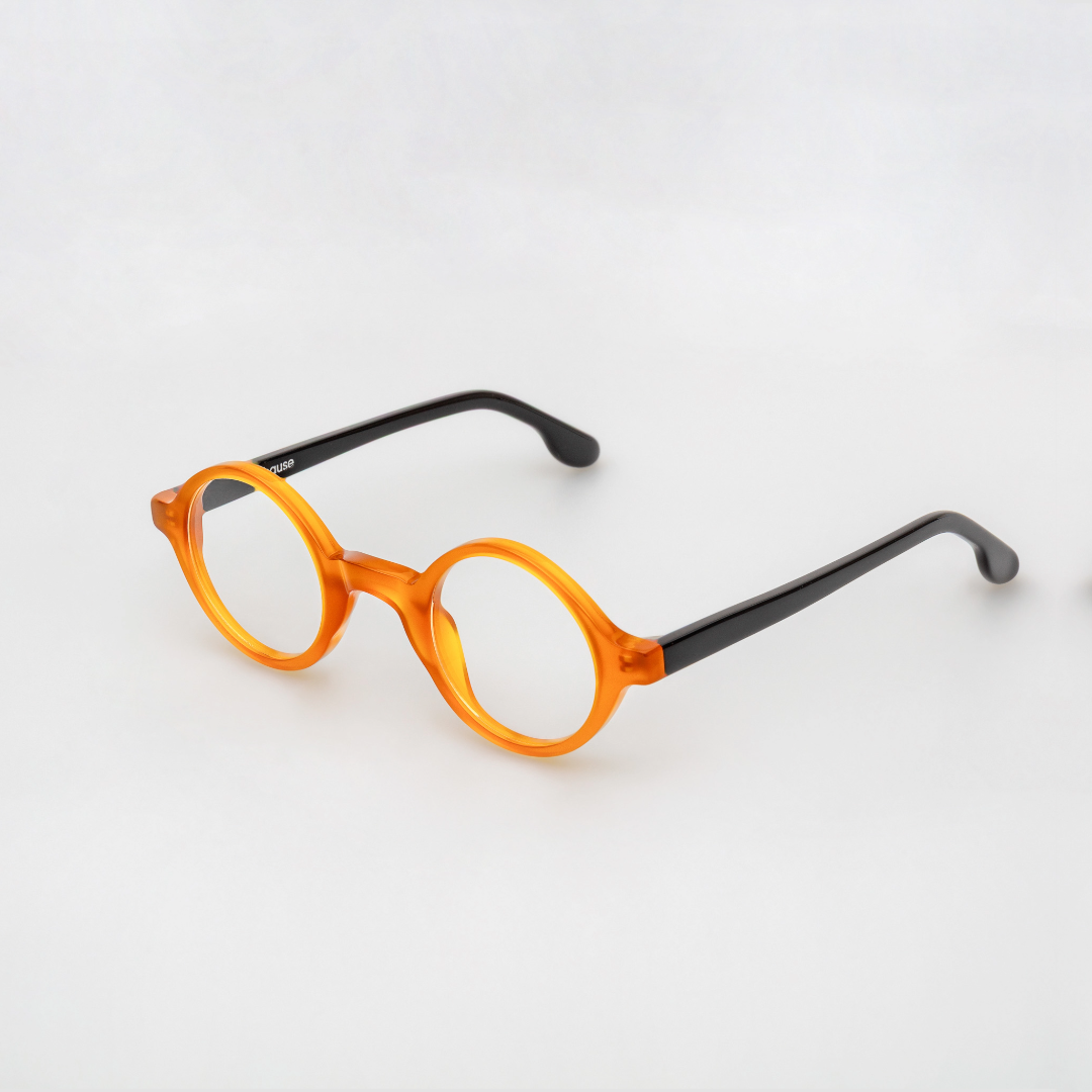 Round eyeglasses with orange frame and black arms on a light gray background
