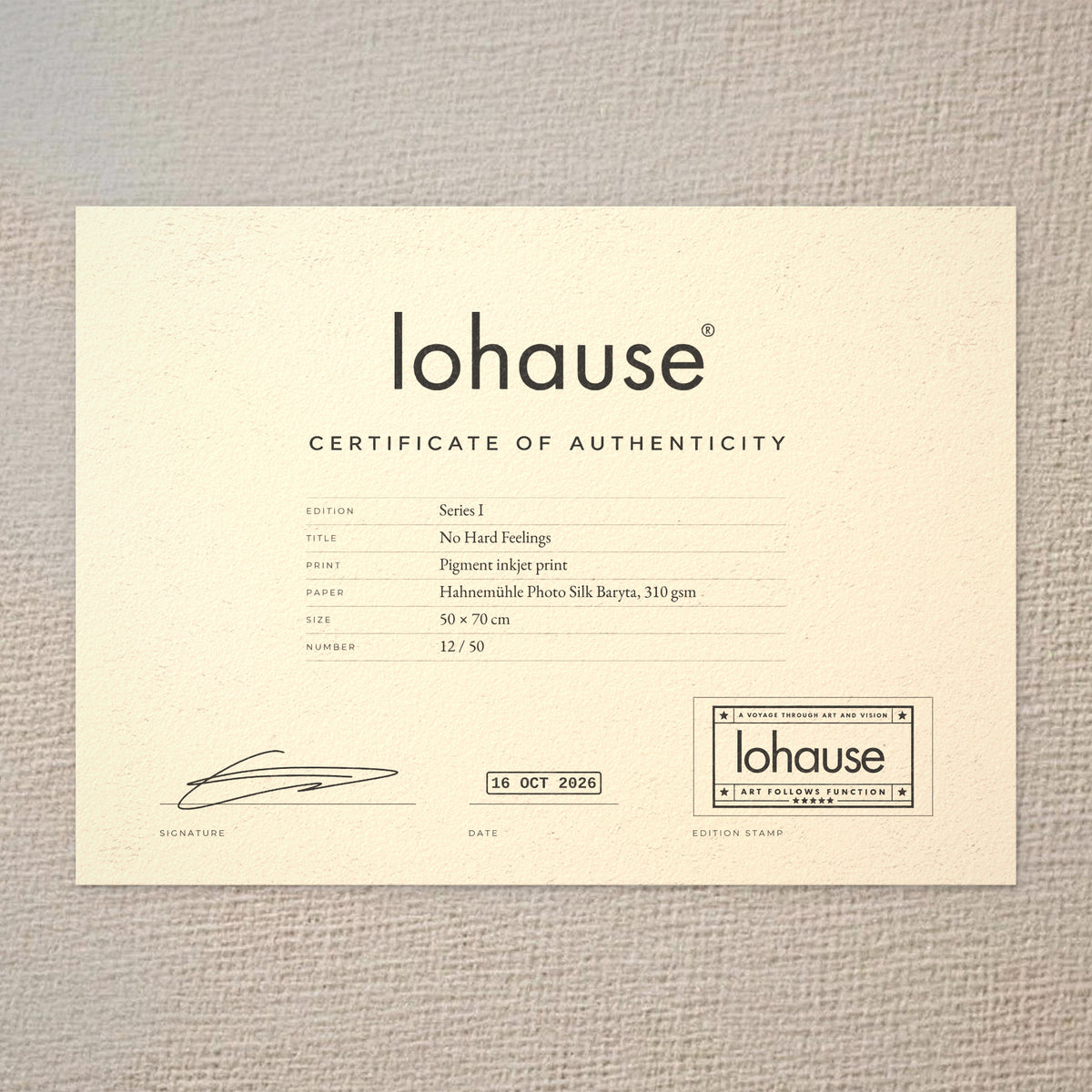 Certificate of authenticity for No Hard Feelings, Series I