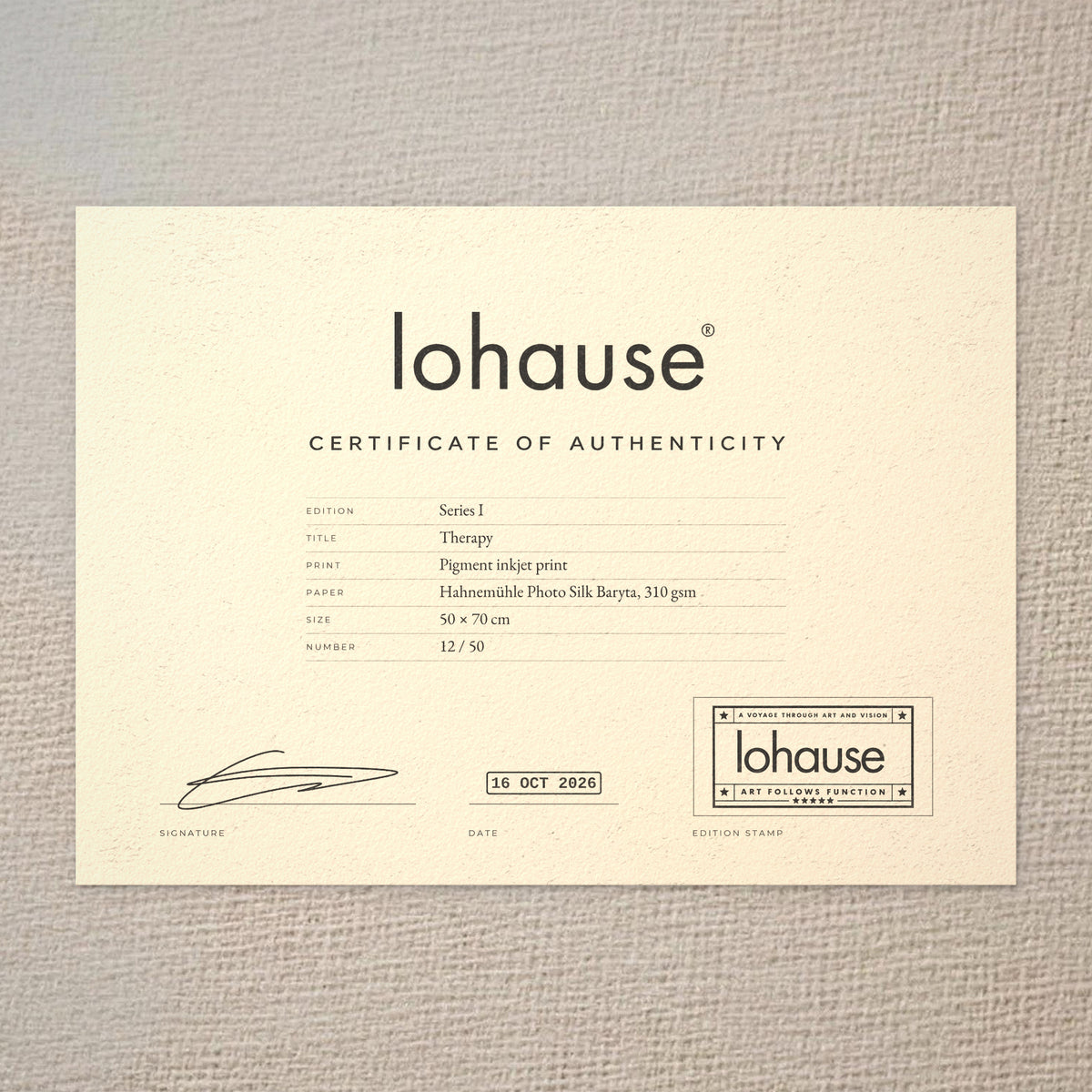 Certificate of authenticity for Therapy, Series I